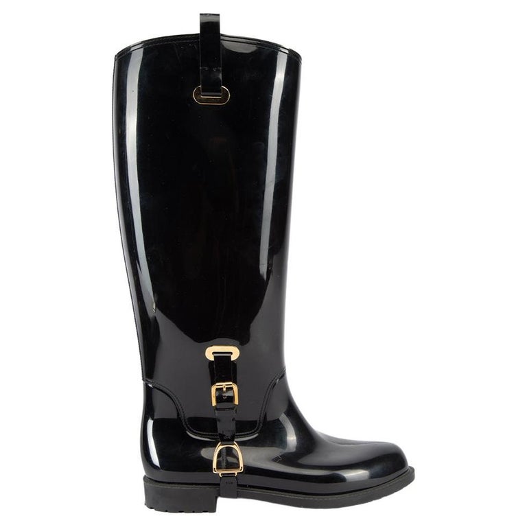 Pre-Loved Ralph Lauren Women's Black Buckle Accent Rubber Knee Riding Boots  For Sale at 1stDibs