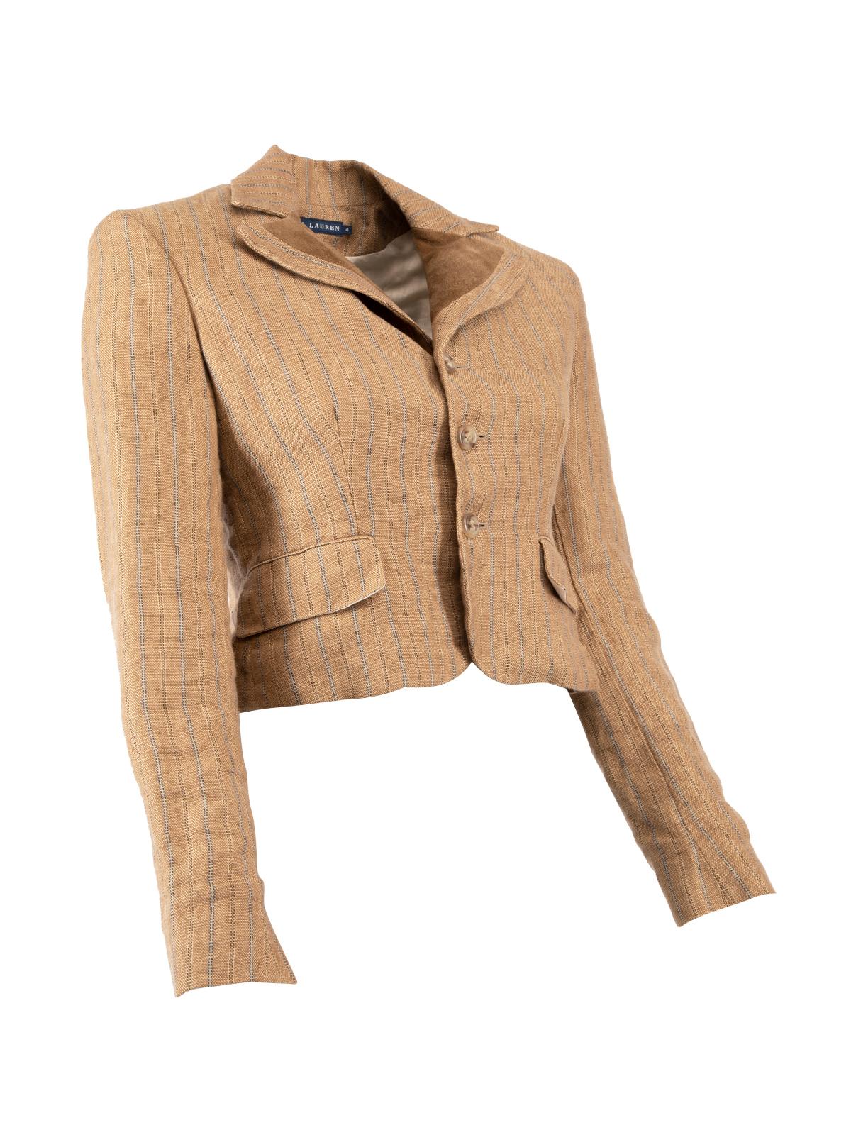 CONDITION is Good. Minor wear to blazer is evident. Light fading to suede matrial around the lapel and few loose threads on this used Ralph Lauren designer resale item. Details Brown Linen Cotton lining Cropped Fitted Long sleeves Suede detailing on