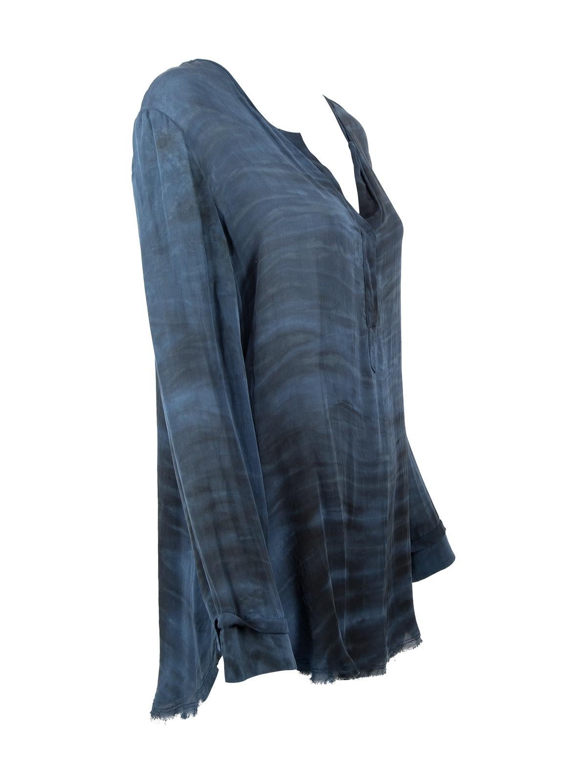 CONDITION is Very good. Minimal wear to top is evident. Minimal loose threads on this used Raquel Allegra designer resale item. Details Blue Silk Evening wear Loose fit Long sleeves Snap fastenings V-neck Distressed hem-line detailing Made in USA