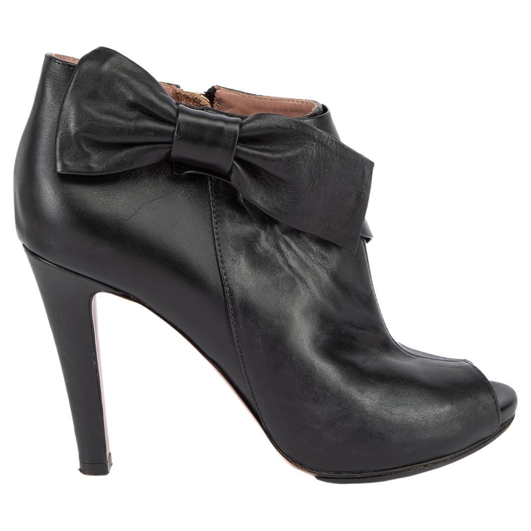 Pre-Loved Red Valentino Garavani Women's Black Leather Bow Accent Peep Toe Boot For Sale