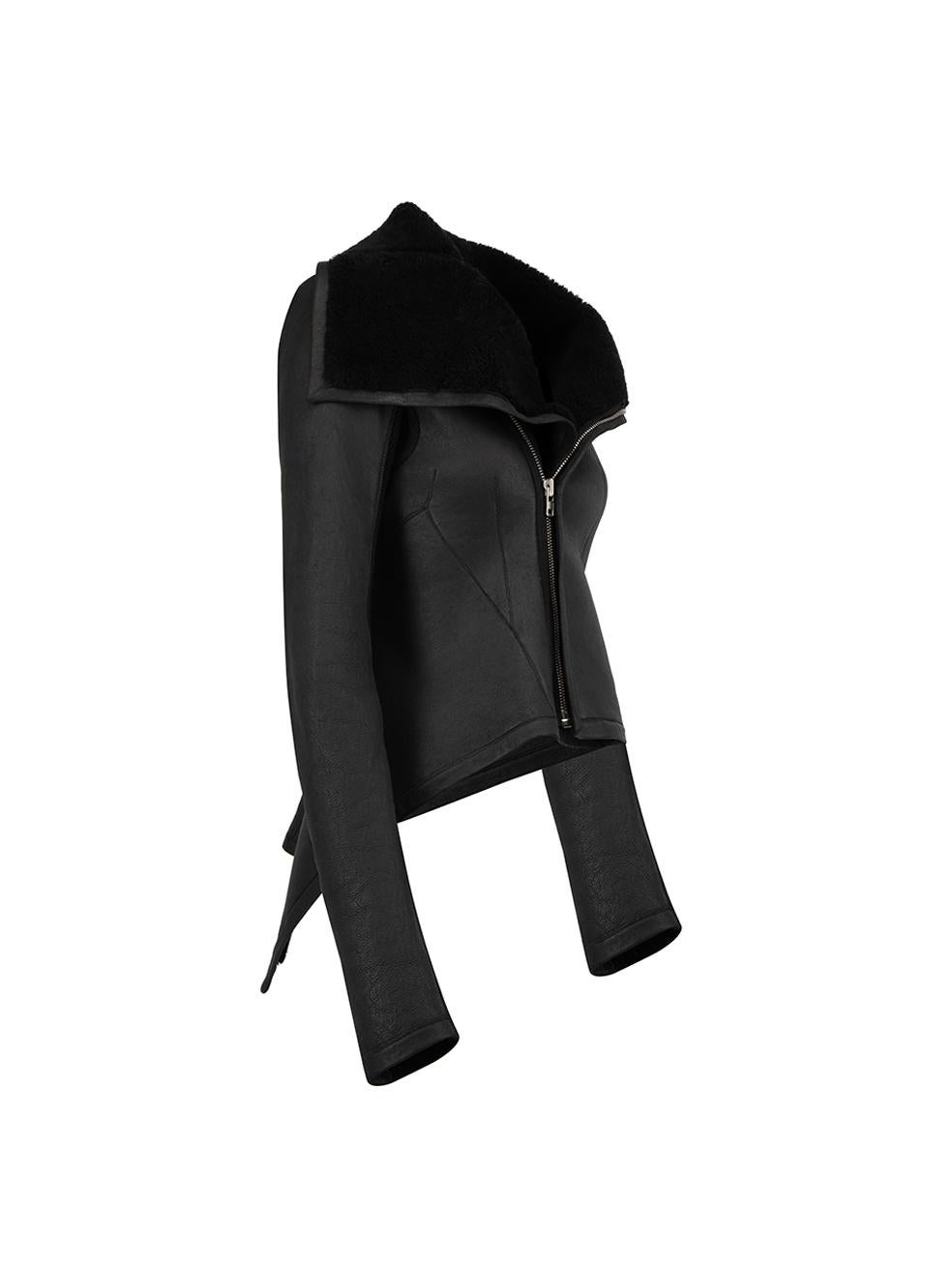 CONDITION is Very good. Hardly any visible wear is to jacket is evident on this used Rick Owens desigher resale item. Details Black Leather Cropped biker jacket Ribbed knit panelled Front asymmetric zip closure Shearling lined Made in Moldova