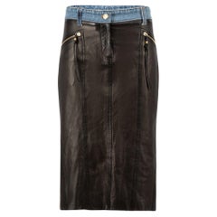 Pre-Loved Roberto Cavalli Women's Black Leather Denim Detail Fitted Skirt