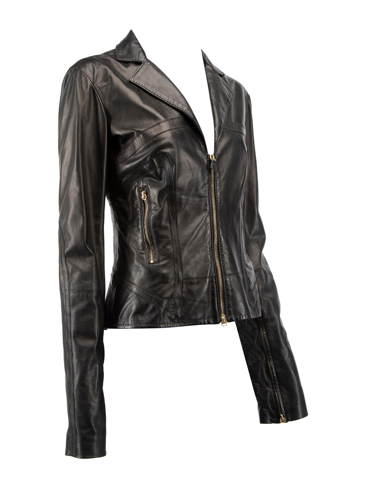 CONDITION is Very good. Hardly any visible wear to jacket is evident on this used Roberto Cavalli designer resale item. Details Black Leather Biker jacket Long sleeves Collared Front two way zip fastening Zips on cuffs Gold tone hardware Fully lined