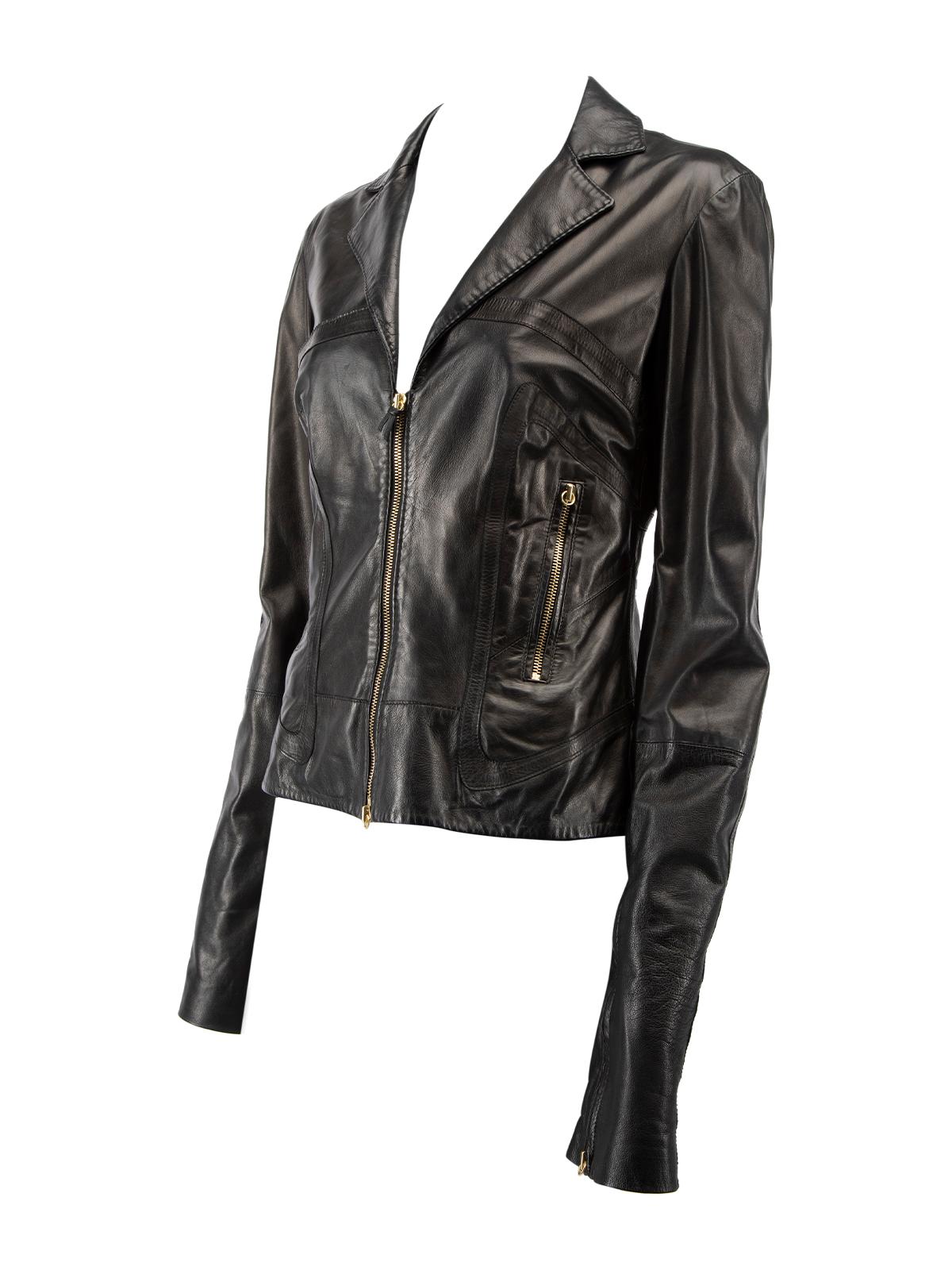 black leather jacket with gold zipper