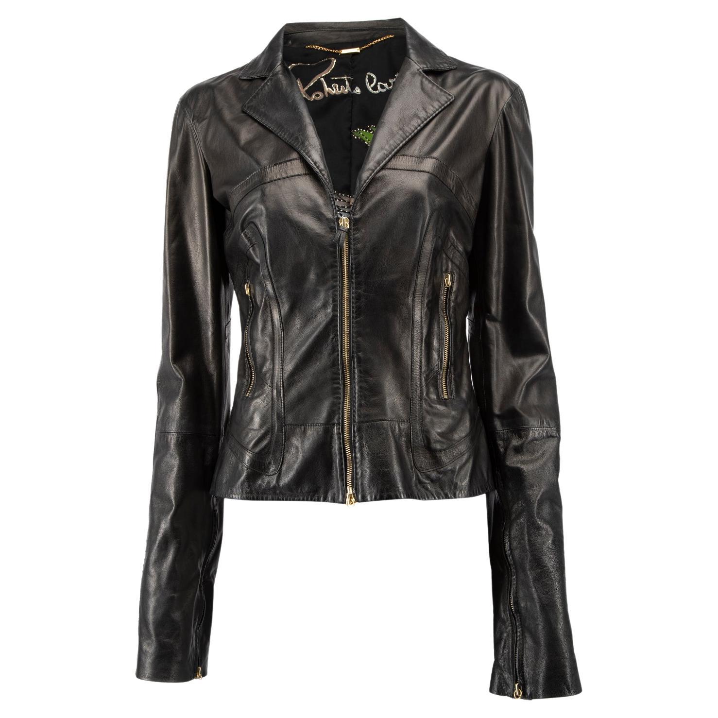Pre-Loved Roberto Cavalli Women's Black Leather Jacket with Gold Tone Zips