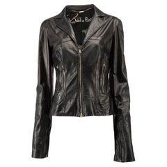 Pre-Loved Roberto Cavalli Women's Black Leather Jacket with Gold Tone Zips