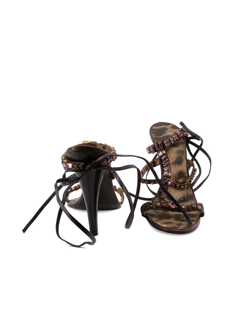 Pre-Loved Roberto Cavalli Women's Brown Gemstone Embellished Strappy Sandals In Excellent Condition For Sale In London, GB
