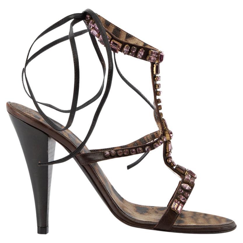 Pre-Loved Roberto Cavalli Women's Brown Gemstone Embellished Strappy Sandals For Sale