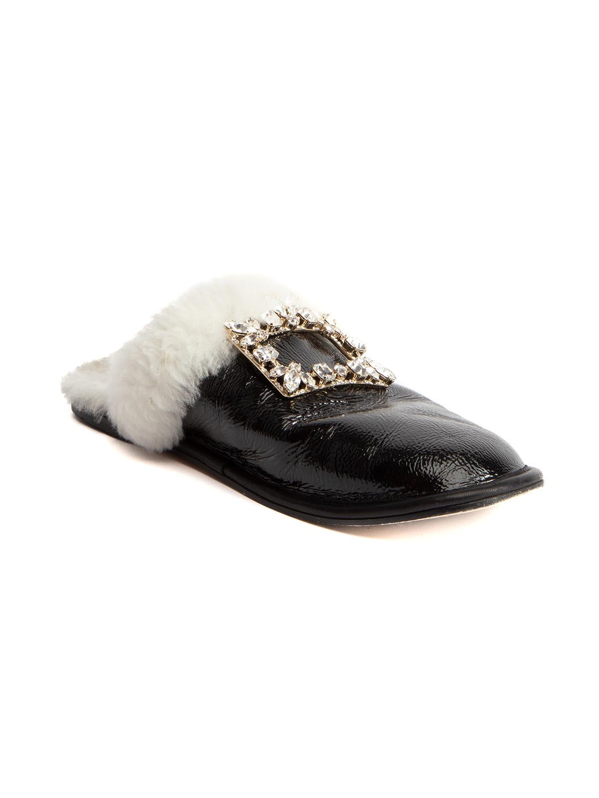 CONDITION is Very good. Minimal wear to slippers is evident. Minimal wear to outsole on this used Roger Vivier designer resale item Details Black and white Patent leather Flats Slippers Round toe Shearling lined insole Square crystal embellished