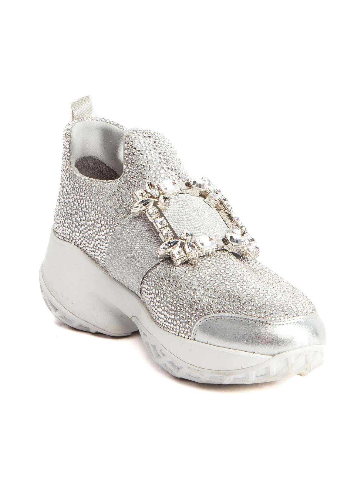 CONDITION is Very good. Minimal wear to sneakers is evident. Minimal wear to midsole and outsole on this used Roger Vivier designer resale item Details Silver Cloth Diamante crystal Square crystal embellished buckle Almond toe Slip on Chunky Comes