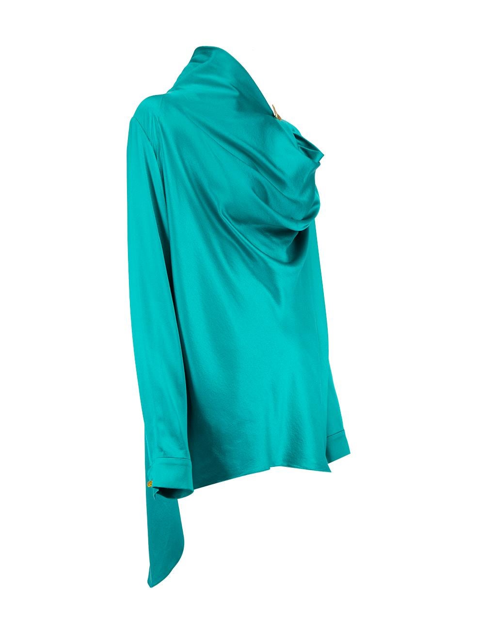 CONDITION is Very good. Hardly any visible wear to blouse is evident on this used Roksanda designer resale item. Details Teal Silk Blouse Drape ruched turtleneck front neckline Keyhole back neckline with buttons closure Long sleeves Buttoned cuffs