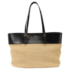 Borsa Saint Laurent Pre-Loved da donna in pelle nera con bordo in rafia Tote Bag