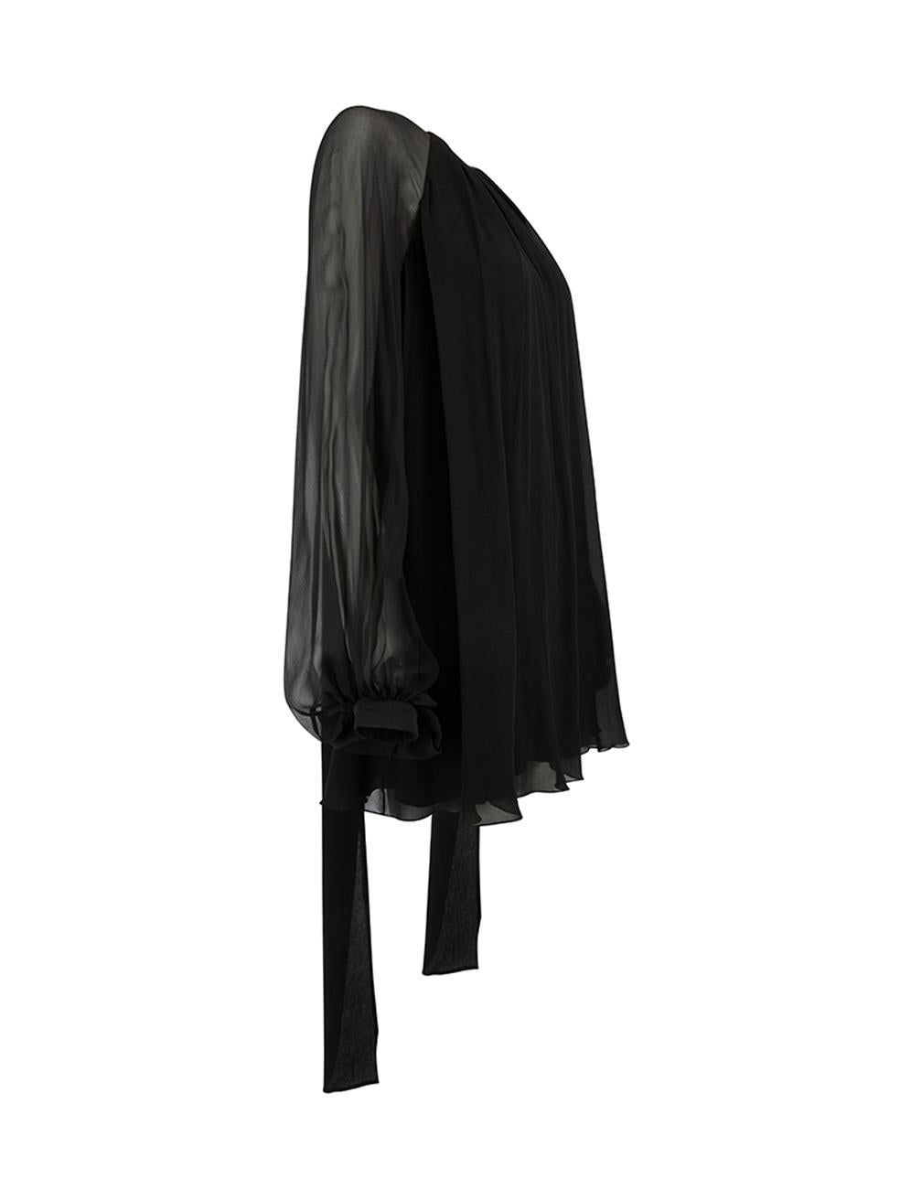CONDITION is Very good. Minimal wear to dress is evident. Minimal wear to the sheer sleeves on this used Saint Laurent designer resale item. Details Black Silk Long sleeves blouse Gathered cuffs with button closure Round neckline Back shoulder snap