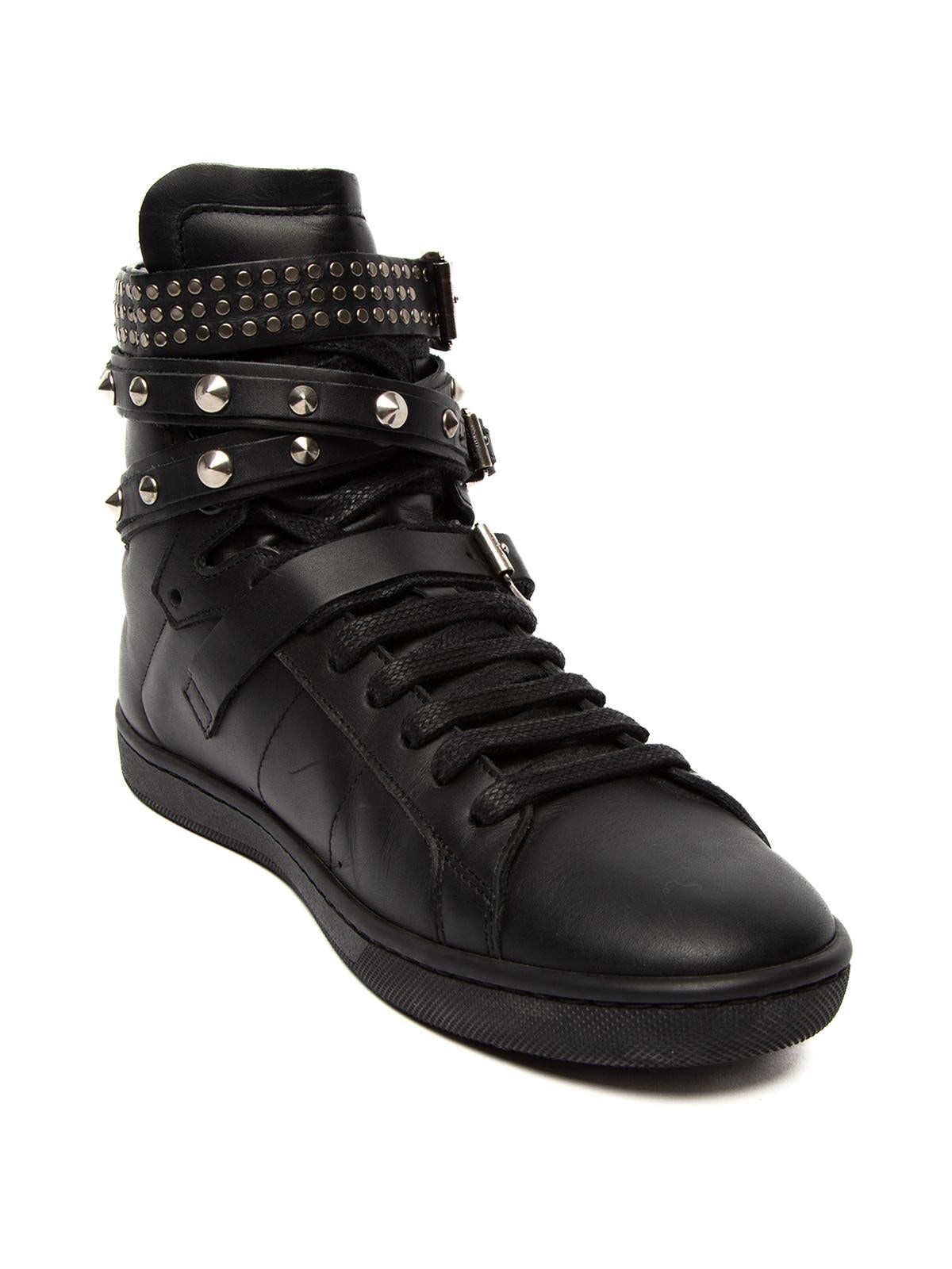 CONDITION is Very good. Minimal wear to sneakers and light wear to outsoles on this used Saint Laurent designer resale item. Details Colour - black Material - leather Toe style - round Silver metal stud embellishments Lace up and buckle fastenings