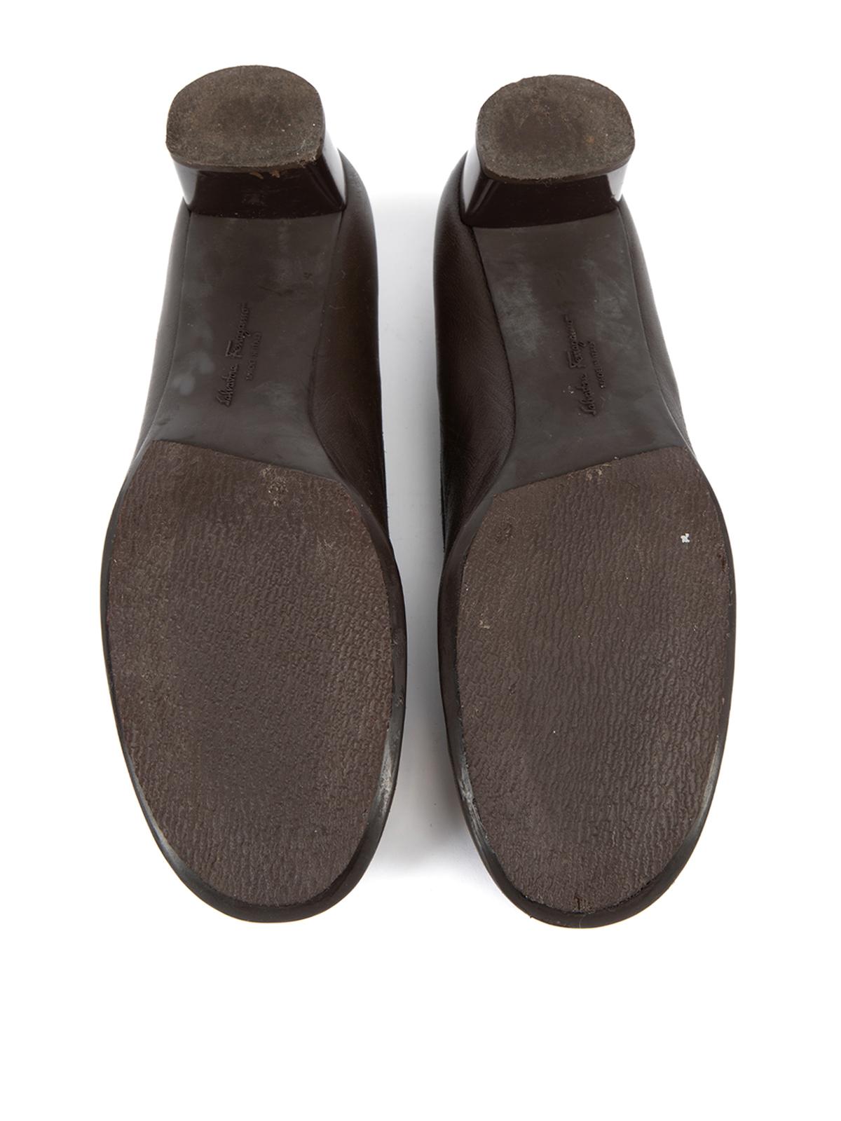 Pre-Loved Salvatore Ferragamo Women's Dark Brown Leather Gold Buckle Block Heels For Sale 3