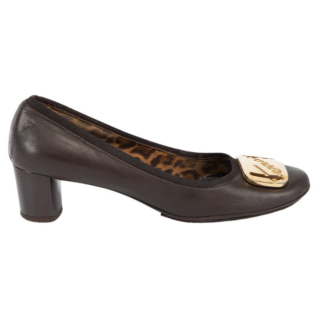 Pre-Loved Salvatore Ferragamo Women's Dark Brown Leather Gold Buckle Block Heels For Sale