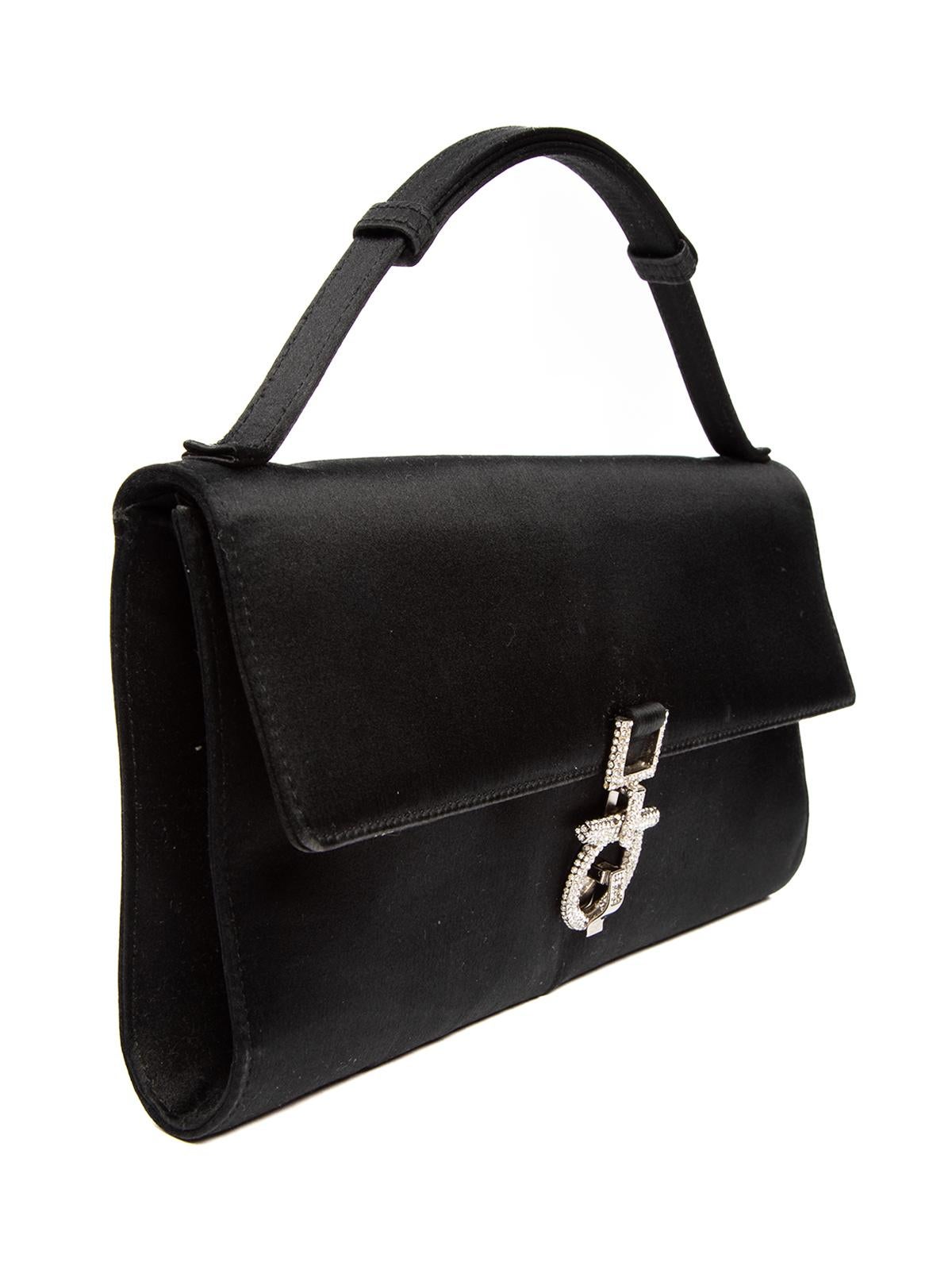 CONDITION is Good. Minor wear to clutch is evident on this used Salvatore Ferragamo designer resale item. Details Colour - black Material - satin Style - clutch Flaps etc Top handle Hardware - silver metal and diamante One main compartment Interior