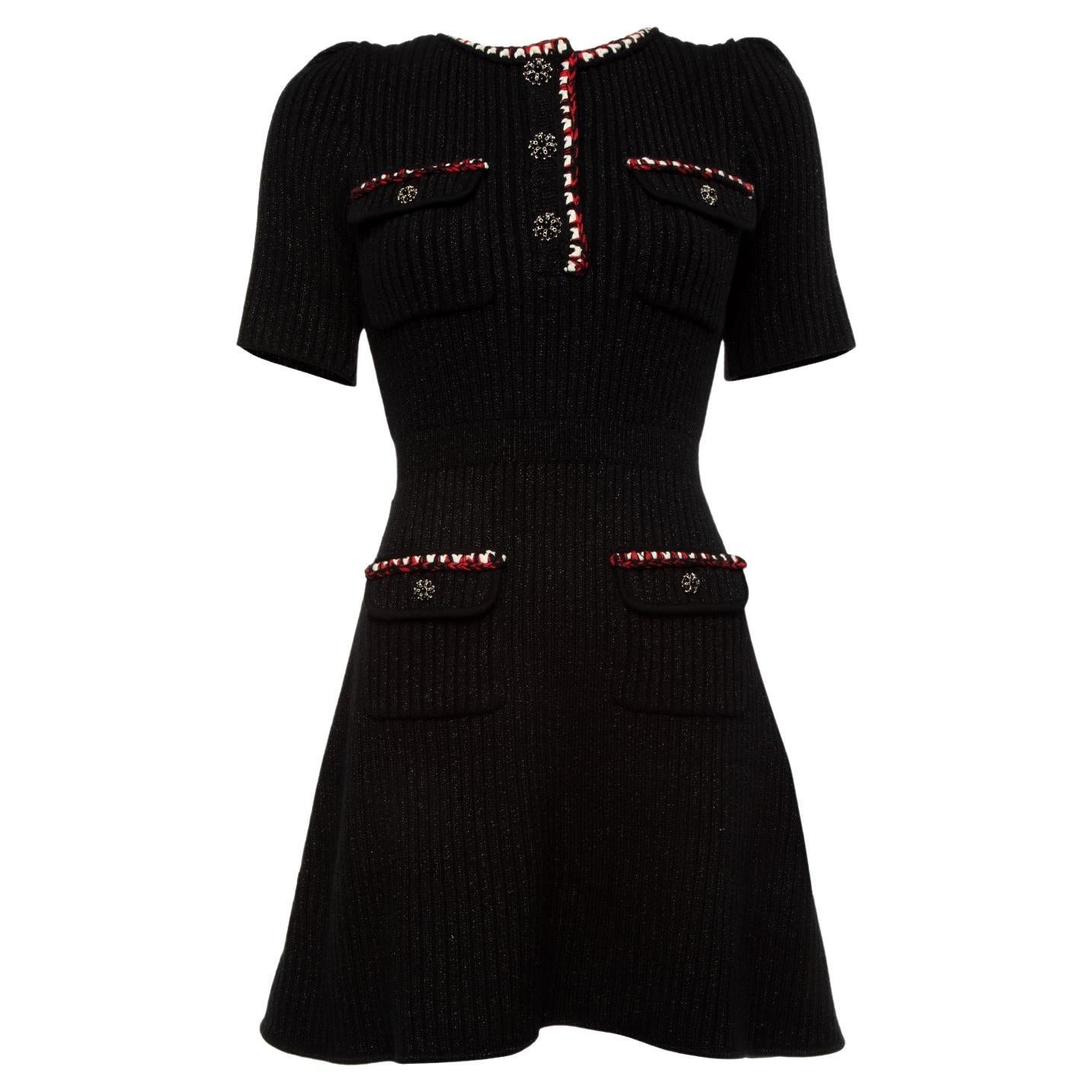 Pre-Loved Self-Portrait Women's Black Rib Knit Dress with Woven Neckline  For Sale
