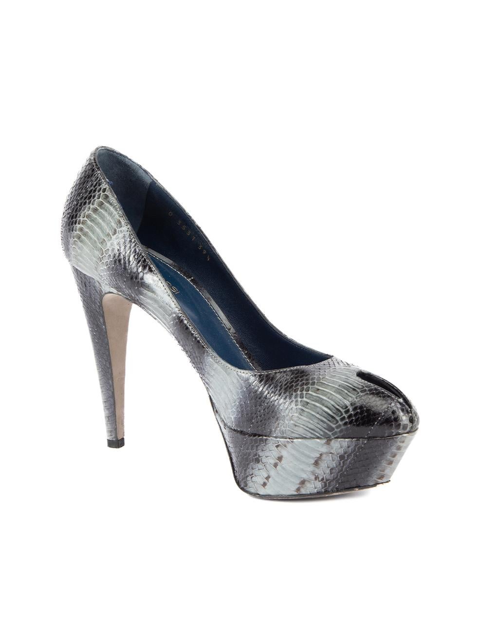 CONDITION is Very good. Minimal wear to heels is evident. Minimal wear to snakeskin exterior and the outsole on this used Sergio Rossi designer resale item. Details Blue grey Snakeskin High heel Platform Peep toe Slip on Navy insole Leather insole