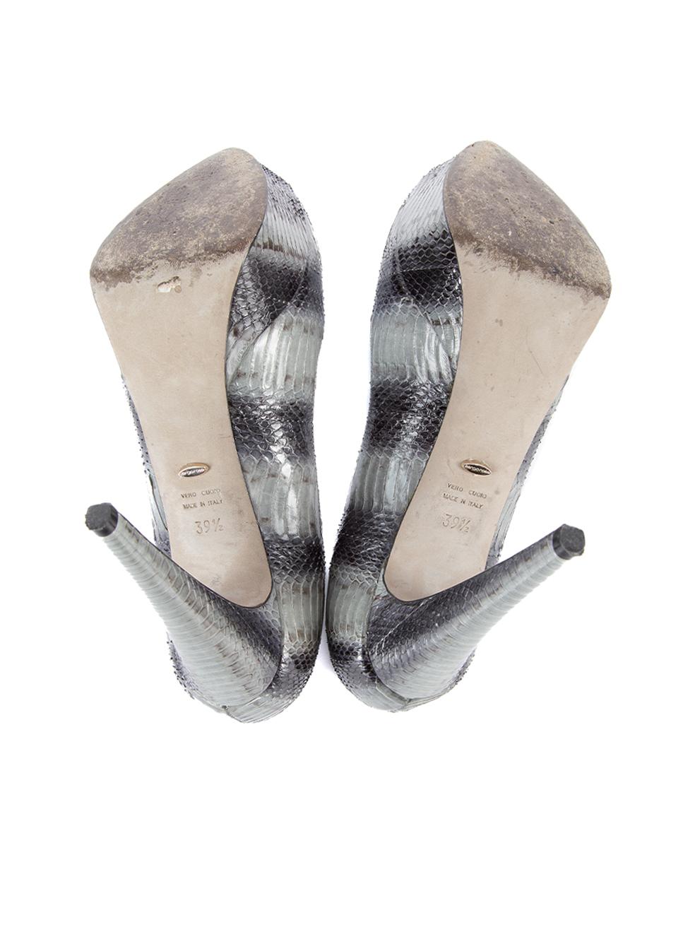 Pre-Loved Sergio Rossi Women's Blue Grey Snakeskin Platform Peep Toe Heel For Sale 1
