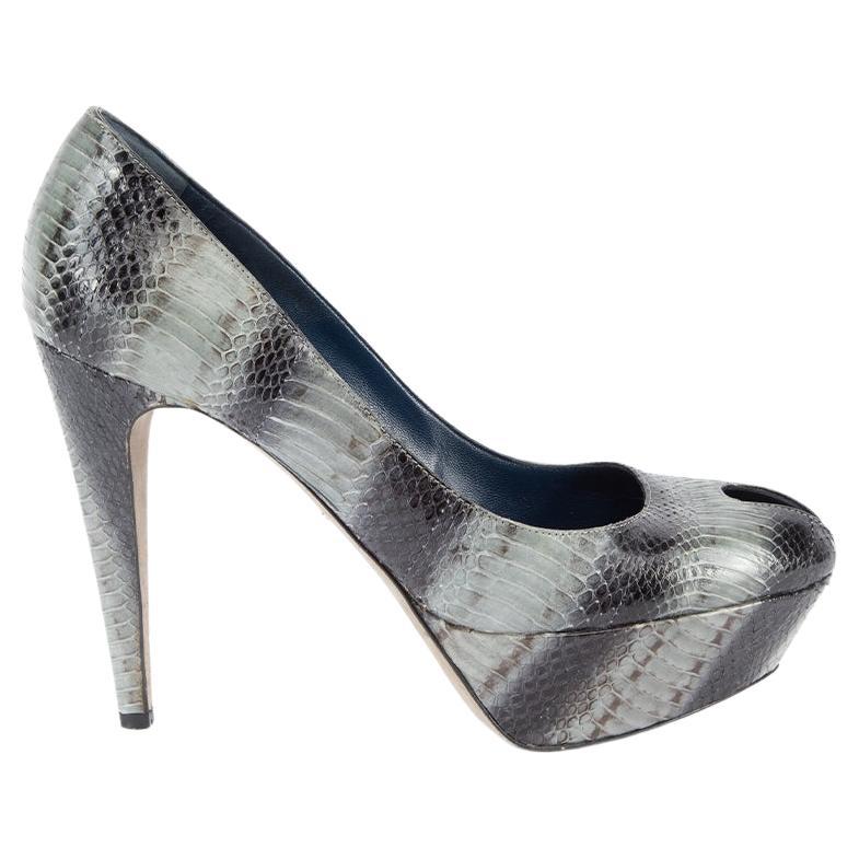 Pre-Loved Sergio Rossi Women's Blue Grey Snakeskin Platform Peep Toe Heel For Sale