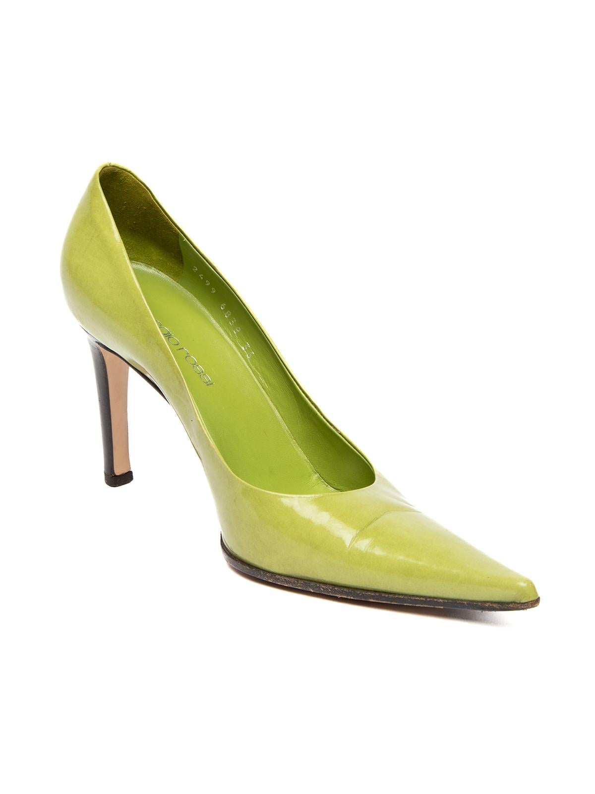CONDITION is Fair, visible wear to soles, creasing to leather front interior, and slight discolorationon this used Sergio Rossi designer resale item. Details Green Leather Point-toe Stiletto mid-heel Leather insoles embossed with Sergio Rossi logo