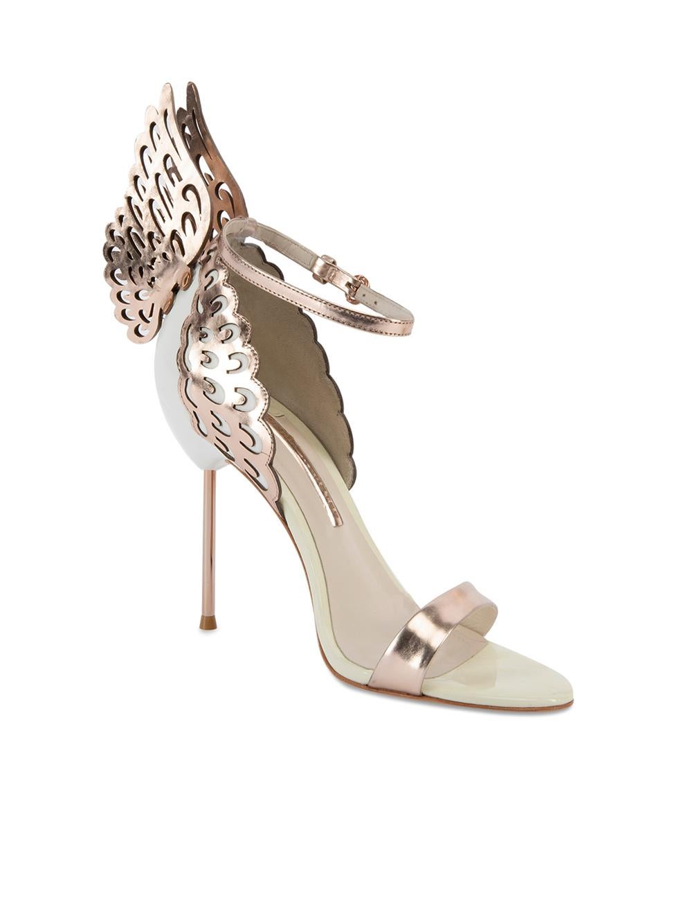 CONDITION is Very good. Minimal wear to heels is evident. Minimal wear to the exterior leather and wings at the back of shoes on this used Sophia Webster designer resale item. Details White and rose gold Leather Sandals Almond toe High heel Rose