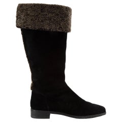 Used Pre-Loved Stuart Weitzman Women's Black Suede Shearling Trim Mid Calf Boots