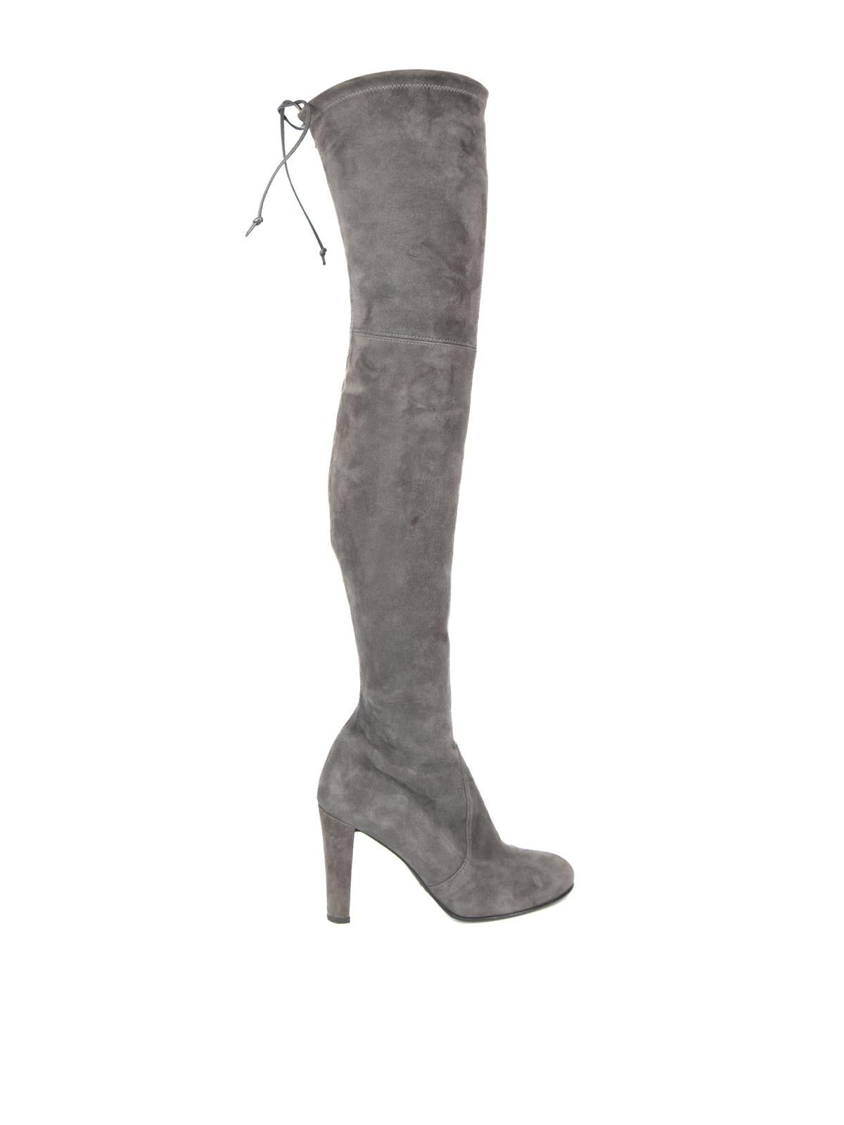 CONDITION is Very good. Minimal wear to boots is evident. Minimal wear to the suede exterior where some light scuffs/marks can be seen on this used Stuart Weitzman designer resale item. Details Grey Suede Over the knee boots Pull on Adjustable tie