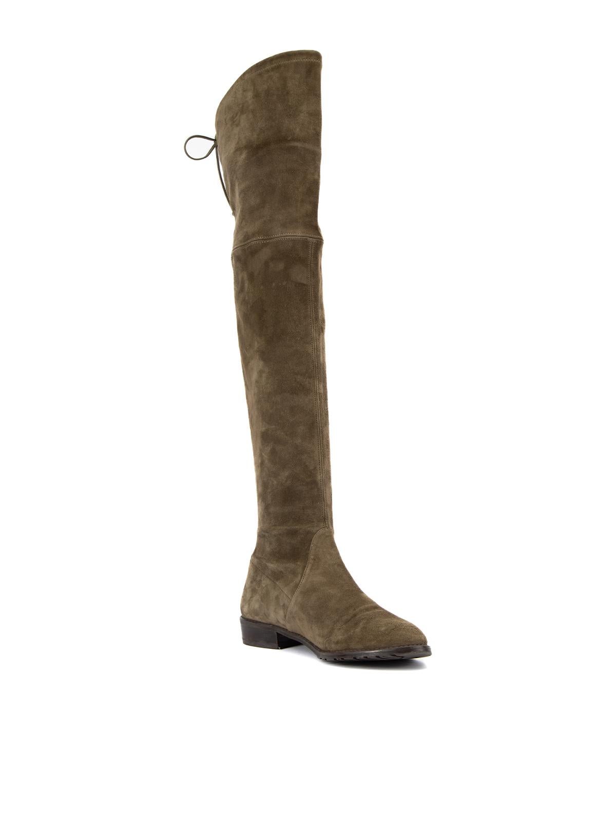 CONDITION is Good. Minor wear to bootsis evident. Light wear to outer suede fabric on this used Stuart Weitzmann designer resale item. Details Olive green Suede Over the knee boots Almond toe Slight heel Tie top Made in Spain Composition EXTERIOR: