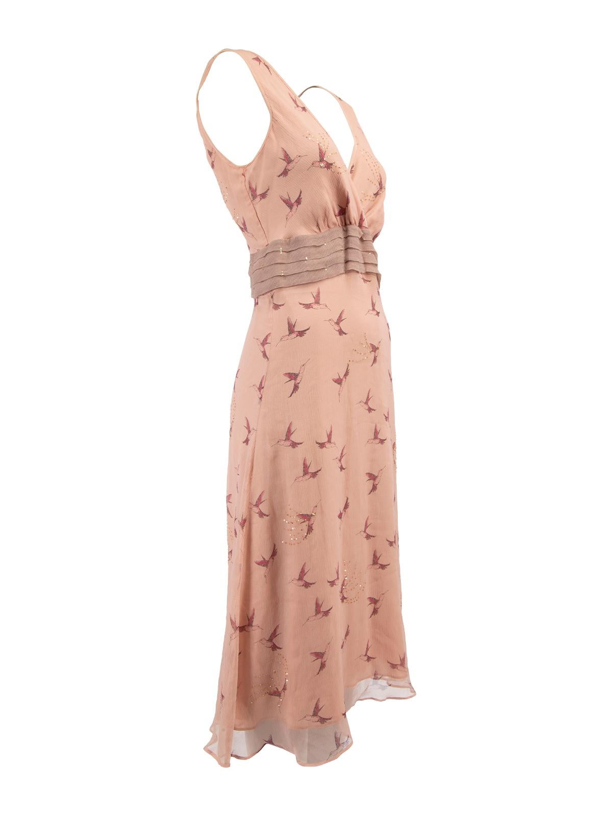 CONDITION is Very good. Hardly any visible wear is evident. Some loose threads and missing sequins can be seen on the back of this used Temperley London designer resale item. Details Pink Silk Maxi dress Sleeveless Plunge neckline Hummingbird