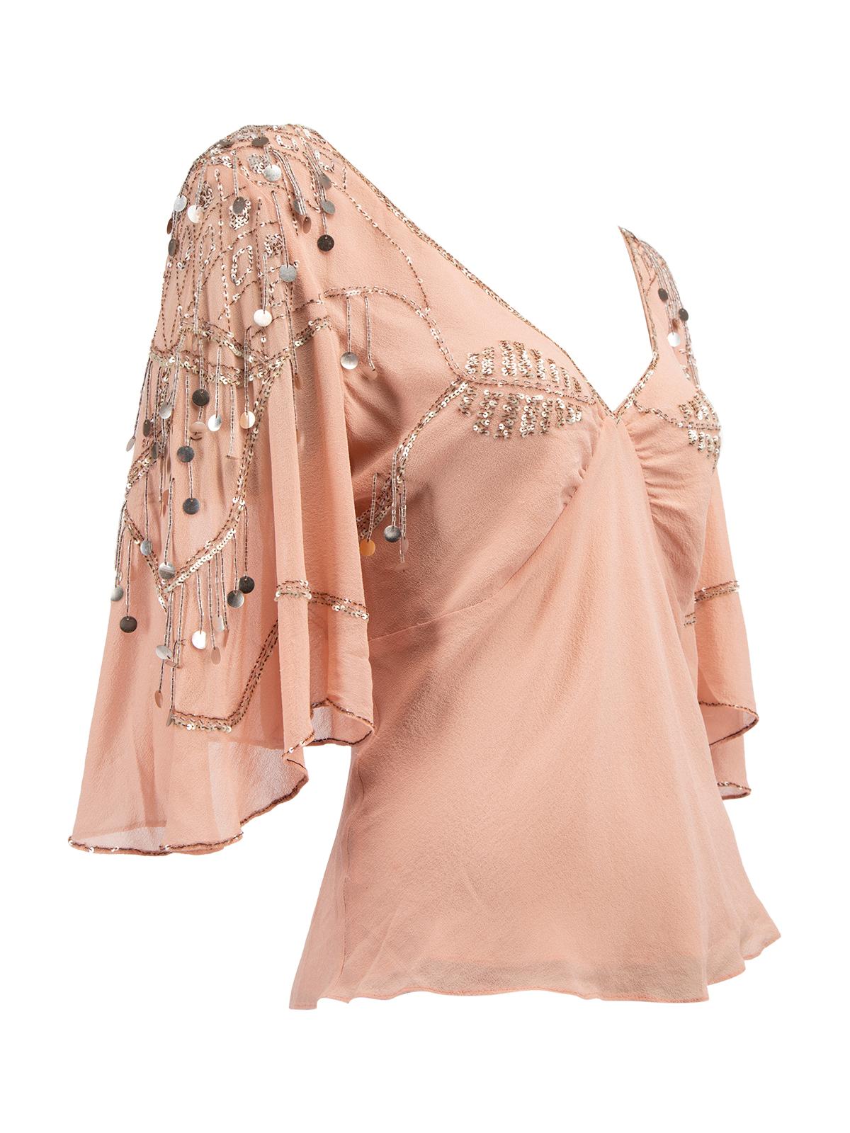 CONDITION is Very good. No visible wear to top is evident on this used Temperley London designer resale item. Details Pink Silk Blouse V neckline Short flutter sleeves Embellished with silver tone sequins and and beads Fully lined with silk Made in
