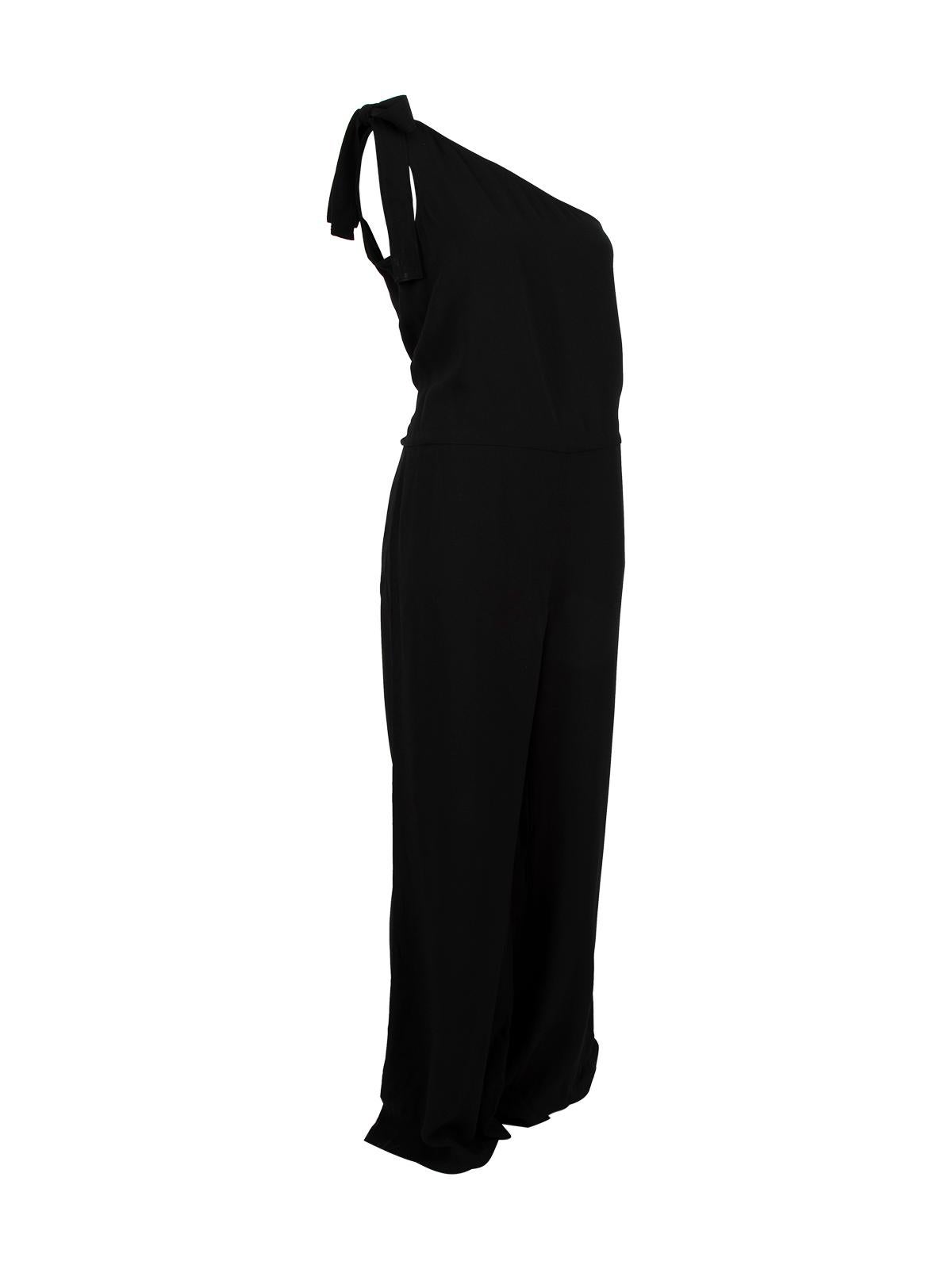 CONDITION is Very good. Minimal wear to jumpsuit is evident. Minimal wear to bottom of pant leg and few loose threads near zip on this used Theory designer resale item. Details Black Acetate One shoulder Bow tie should fastening Side zip Made in