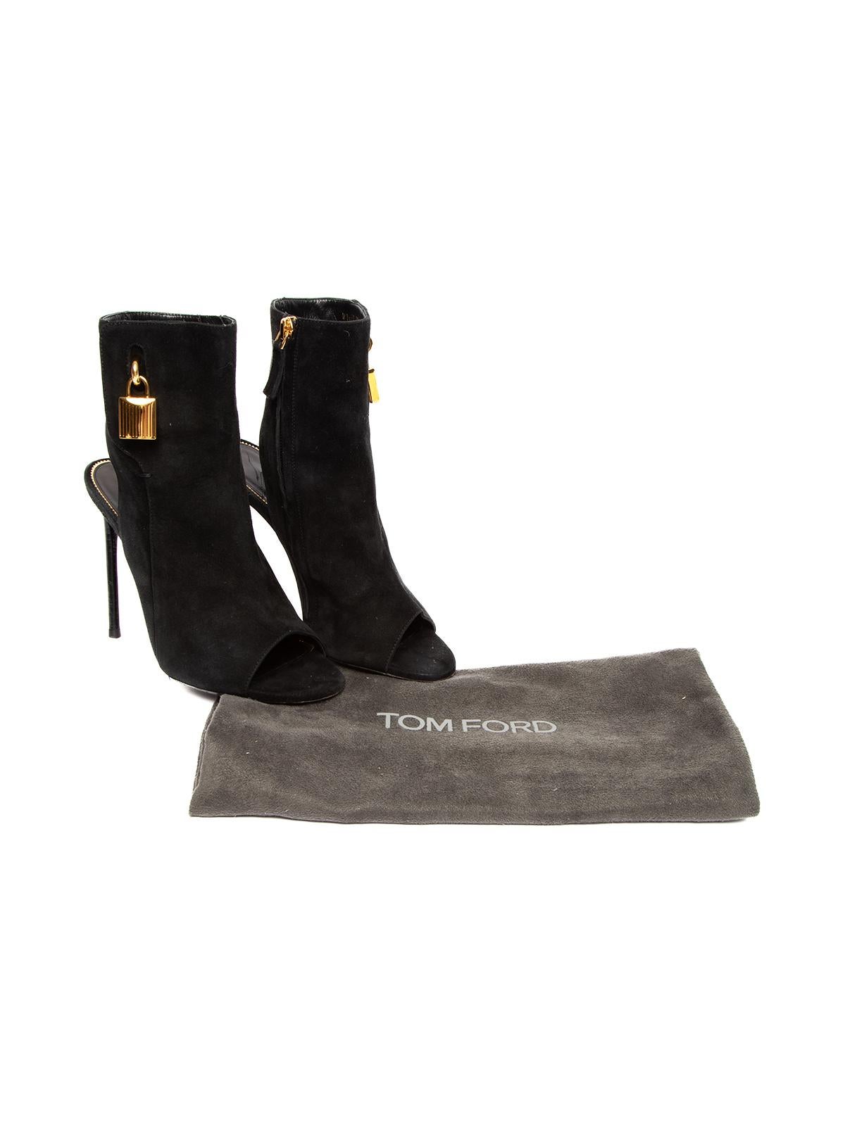 CONDITION is Good. Some wear to heels is evident. Slightly visible scratches to heel, piling to suede and creases to interior leather on this used Tom Ford designer resale item. Details Black Suede Open toe Stiletto heel Cut out back Lock accessory