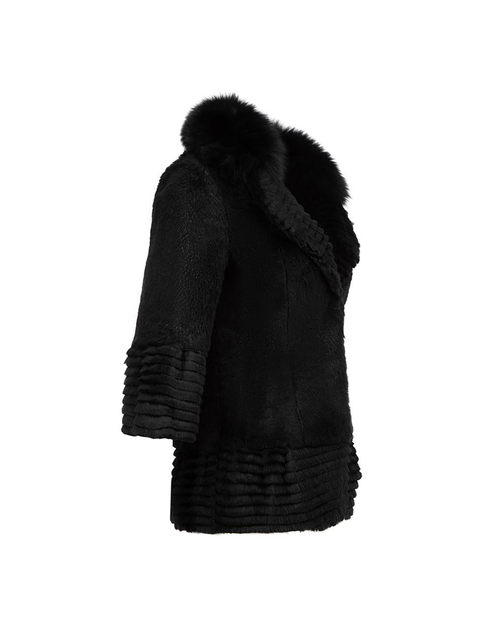 CONDITION is Very good. Hardly any visible wear to coat is evident on this used Tu Huang designer resale item. Details Black Rabbit fur Mid length coat Front clasp and eye closure Layered stripy trim detail Fully lined with leopard print silk Made