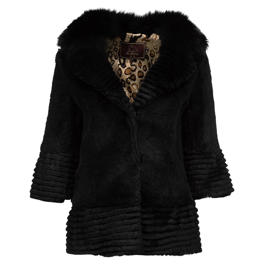 Pre-Loved Tu Huang Women's Black Rabbit Fur Layered Stripe Trim Coat