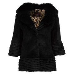 Pre-Loved Tu Huang Women's Black Rabbit Fur Layered Stripe Trim Coat