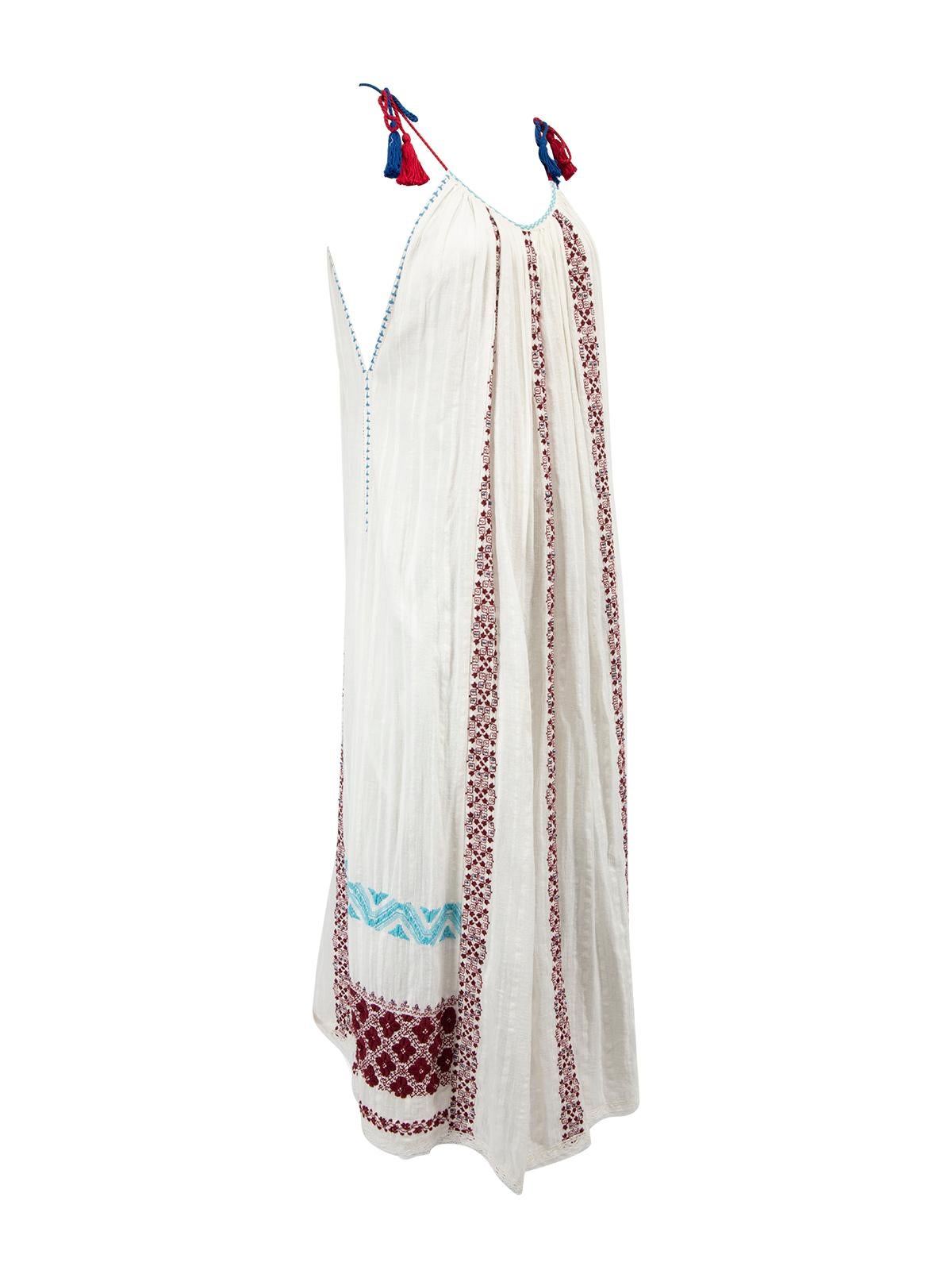 CONDITION is Very good. Hardly any visible wear to dress is evident on this used Ulla Johnson designer resale item. Details White Cotton Maxi dress Sleeveless Round neckline Red and blue shoulder straps with tassels Aztec pattern embroidered in blue