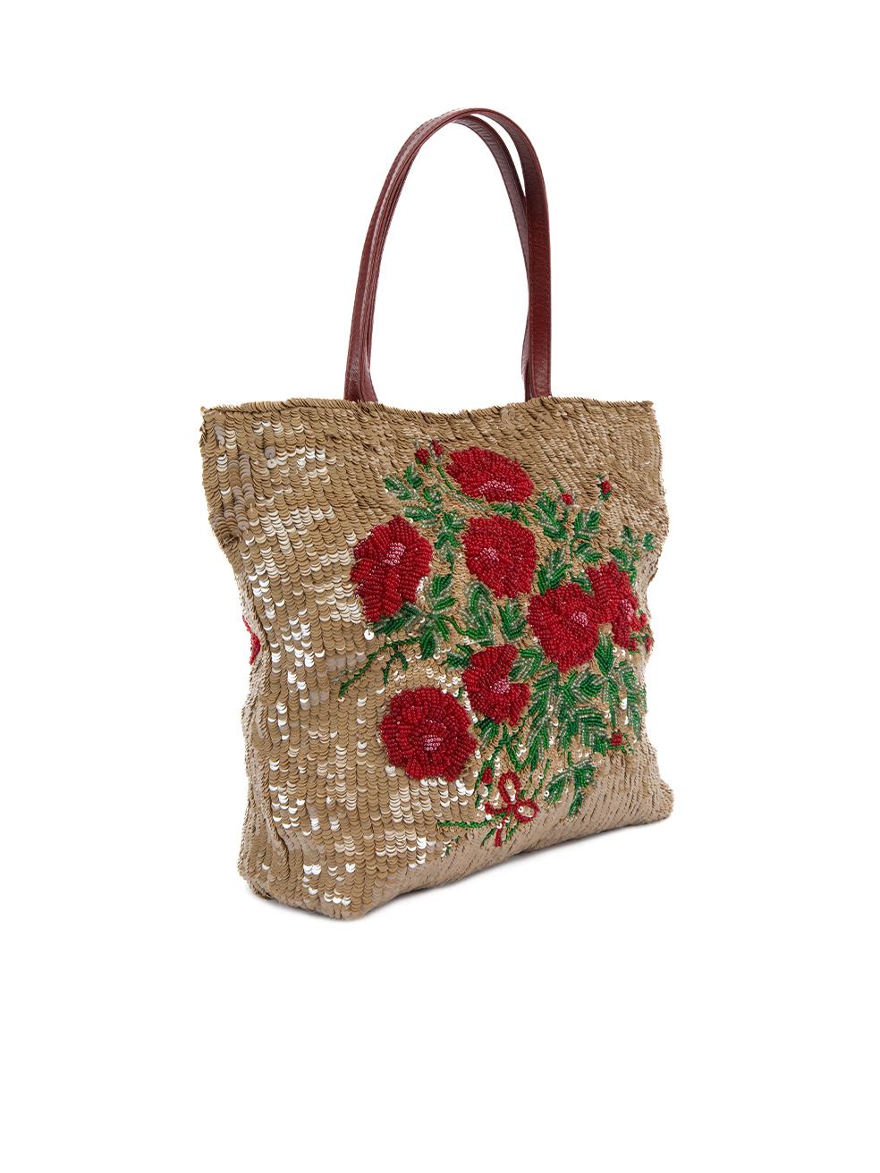 CONDITION is Very good. Hardly any visible wear to bag is evident. Very few loose threads can be seen on this used Valentino Garavani designer resale item. Details Brown and red Sequins Medium tote bag Floral beaded design 2x Red leather top handle