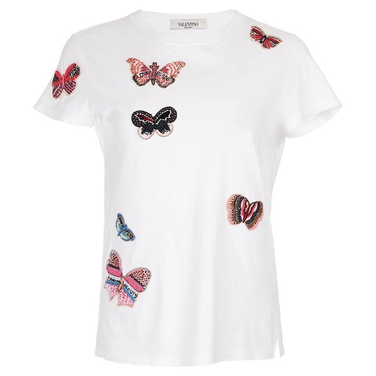 Pre-Loved Valentino Garavani Women's White Cotton Butterfly Embroidered T- Shirt For Sale at 1stDibs