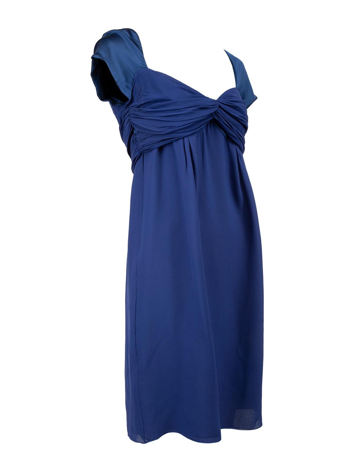 CONDITION is Very good. Minimal wear to dress is evident. Minimal wear around the shoulders on this used Valentino designer resale item. Details Blue Silk Body con dress Mini Square sweetheart neckline Ruched detail on breast Short cap sleeves Back