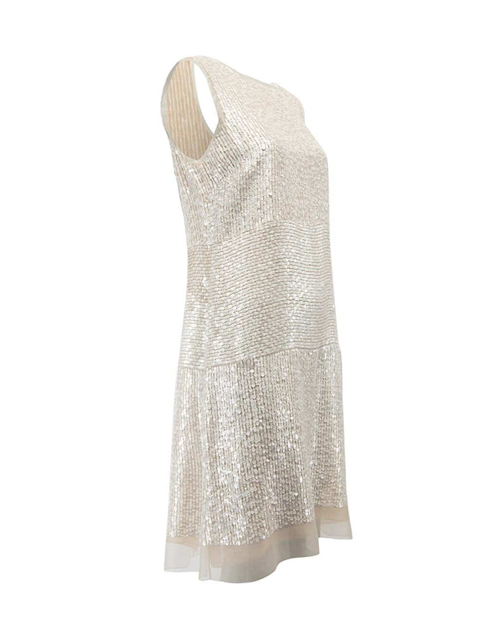 CONDITION is Very good. Minimal wear to dress is evident. Minimal missing sequins and a few loose threads on this used Vera Wang designer resale item. Details Cream Sequin Knee length dress Round neckline Sleeveless Back zip closure with hook and