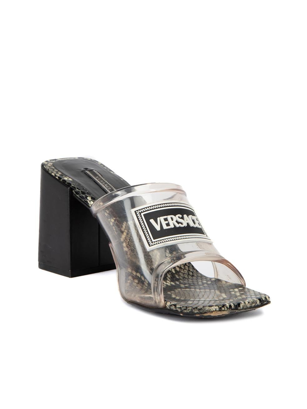 CONDITION is Good. Minor wear to mules is evident. Light wear to perspex foot strap and leather heel block which is scuffed. There is also visible wear to the outsole on this used Versace designer resale item. Details SS 2019 Runway Look #10 Grey