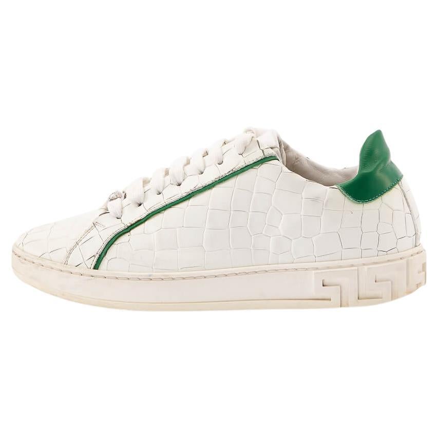 Pre-Loved Versace Women's White Croc-Embossed Leather Low-Top Sneakers
