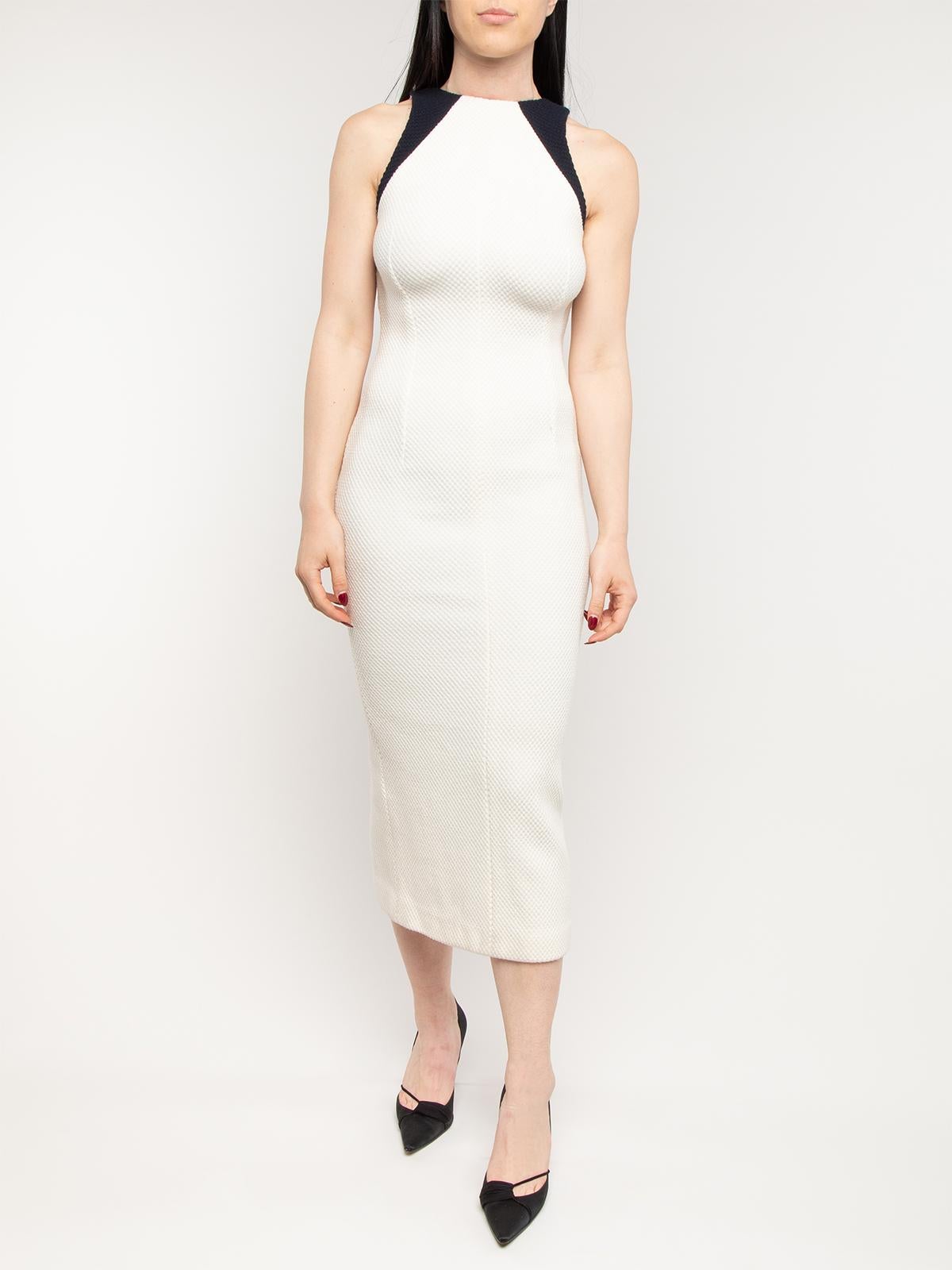 CONDITION is Good. Some wear and pilling to dress is evident. Some stains and discoloration to hemline on this used Victoria Beckham designer resale item. Details Cream & Navy blue Cotton Midi cut with slit on front Regular fit Sleeveless V neckline