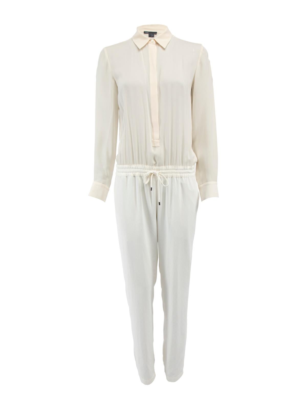 Pre-Loved Vince Women''s Cream Button Up Collared Jumpsuit with Drawstring Waist For Sale
