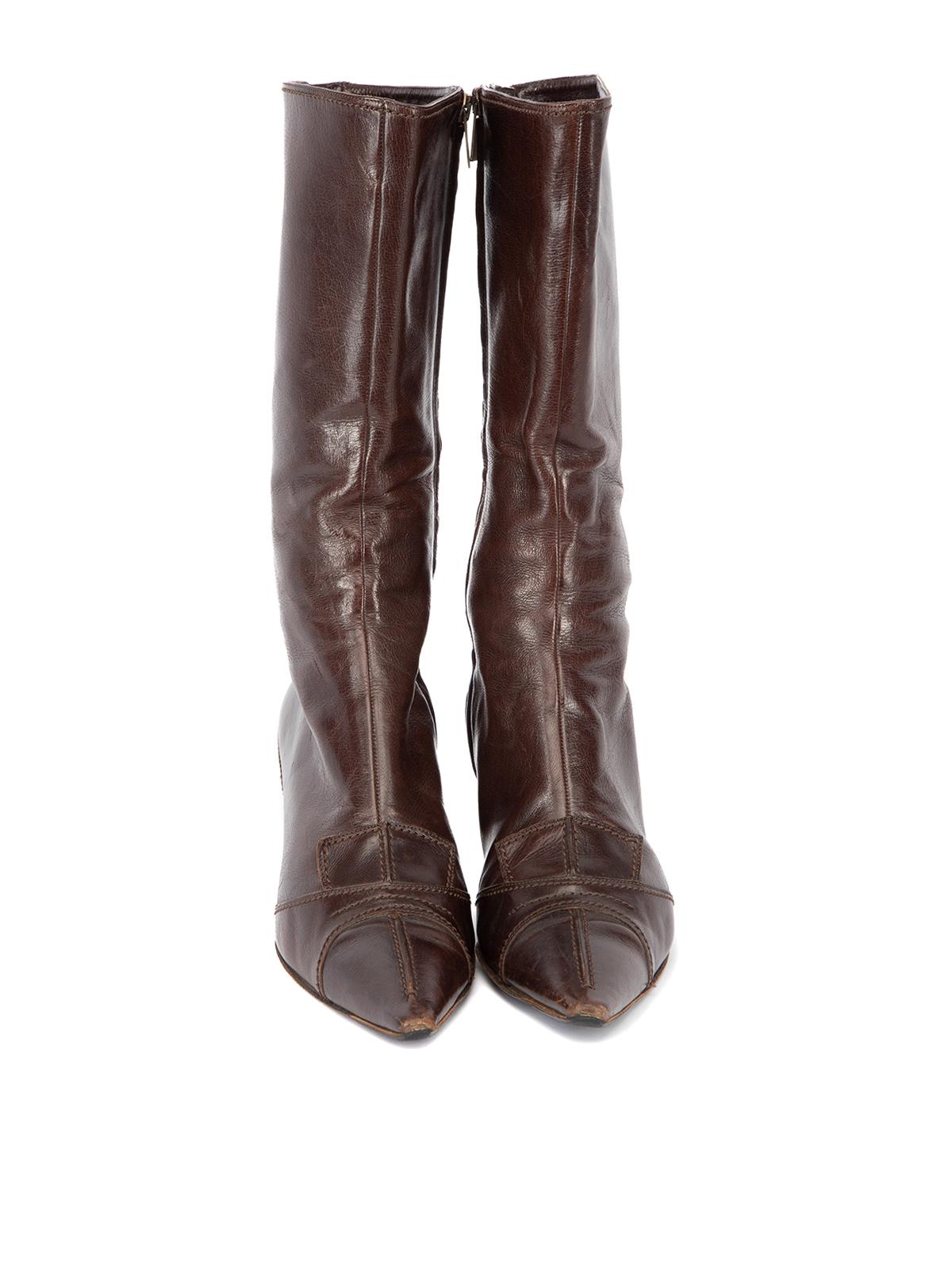 Pre-Loved Yves Saint Laurent Women's Brown Pointed Toe Leather Calf Boots In Good Condition In London, GB