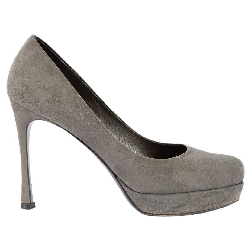 Pre-Loved Yves Saint Laurent Women's Grey Suede Platform Round Toe Heels For Sale