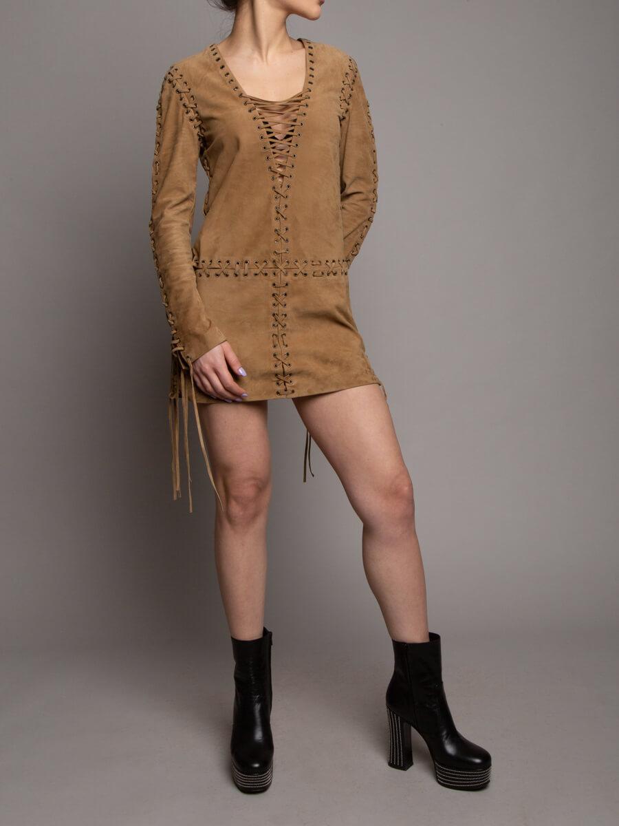 CONDITION Very Good. Very minor stains and wear evident on the suede. Details Brown Long sleeve No Garment Label Made in Italy Composition 100% Lambskin Fitting Information Fits true to size Bust: 42 cm 16. 5 in Length: 75. 5 cm 30 in Model