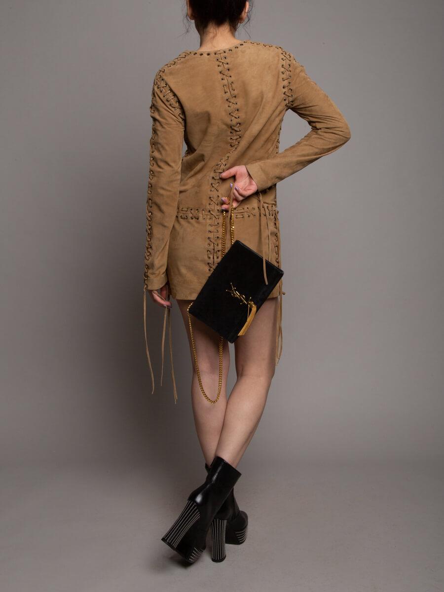 Brown Pre-Loved Yves Saint Laurent Women's Lace-Up Long-Sleeve Suede Dress